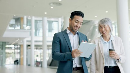 Poster - Happy, planning and review with business people and tablet for consulting, website and teamwork. Mentor, digital and networking with employees walking in office for corporate, online and technology