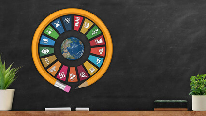 Wall Mural - School Blackboard. 3D rendering Sustainable Development Wheel with round pencil on Black chalkboard. Corporate social responsibility. School Education.