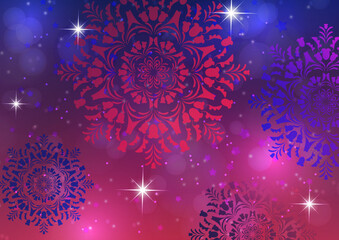  Abstract background with snowflakes and shining glare stars. Template, poster, postcards for holiday, New Year, Christmas. Vector