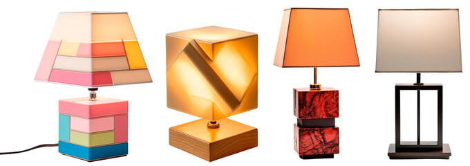 Set/collection of floor standing modern geometric square lamps. Square lampshade. Isolated on a transparent background.