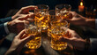 © petrrgoskov - cheers glasses of whiskey in hands, for celebrating a friendly party or week ending in a bar or a restaurant.