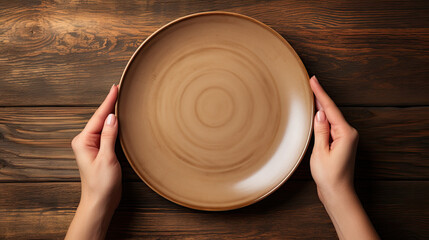 Female hands with cutlery and empty plate on wooden background