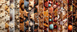 © linda_vostrovska - Abstract background with Christmas sweet, gingerbread piece and cookie stripes with in yellow, beige, white, gray, brown, orange and blue colors. Horizontal composition.