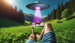 relaxed observer watches as a ufo beams up a cow, blending serene nature with the surreal