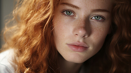 Wall Mural - Close-up portrait of model. Make-up, freckle skin. Natural light. Fashion, editorial concept.