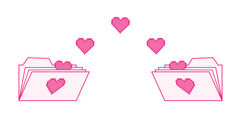 Poster - Pink data transfer or transfer icon. Document folders with hearts exchange data. Vector illustration