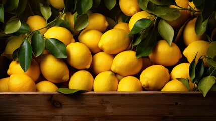 Poster - Ripe yellow lemons in the wooden box, Crate of freshly picked lemons on wooden table in lemon grove