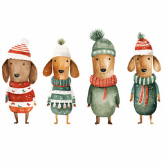 Christams Set of Sausage Dogs Watercolor Animal Characters Isolated on White Background.  - SCANDI - Watercolour Collection { No4 } - cute sausage dog folk art  illustration. Generative AI.