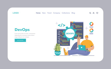 Wall Mural - DevOps web banner or landing page. Software development methodology. Software development and it operations life cycle, IT service integration and automation. Flat vector illustration