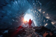 A man explore freezing ice covered cave. Winter seasonal concept.