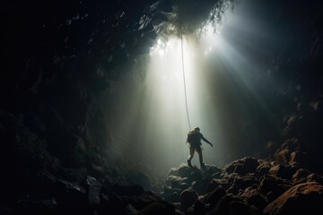 a man explore a deep cave with light ray from above. outdoor adventure concept.