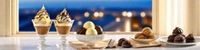 Dinner Table Banner With Chocolate Ice Cream And Desserts On The Background Of Night City Outside The Window, Background For Your Design