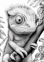 Grayscale Illustration Of Baby Animals, Cute, Coloring, Print, Iguana