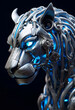 Löwe - Cyborg Tier mit blauen technischen Elementen und Steampunk. Portrait