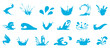 Blue water splashes and drops. Set of water element, drop, splash. Water splashes collection. Cartoon water splashes element. Current drops, waves, tears and spray