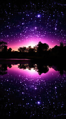 Wall Mural - Purple night sky with stars and silhouette of trees reflected in water