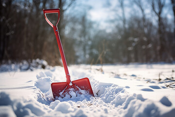 A snow shovel stuck in a large pile of fresh snow