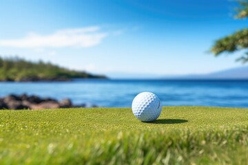Wall Mural - Close-up view of a golf ball on grass lawn ground in luxury vacation resort. Summer tropical vacation concept.