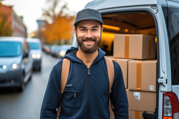 Poster - Delivery man checking the parcel for delivery in front of van.
