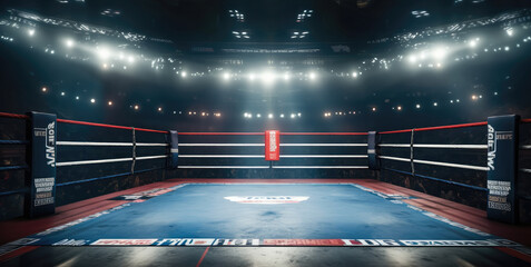 Professional boxing arena with lights.