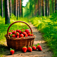 Canvas Print - wicker basket with strawberries in the forest