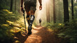 Man hiking in the woodland with bionic leg prostheses.