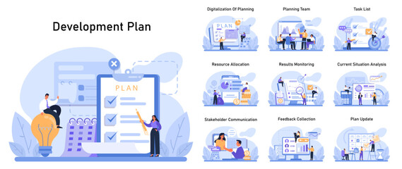 Poster - Development Plan set. Professionals navigate project phases. Digitalization, team collaboration, task management, resource distribution, performance check, stakeholder talks, feedback. Flat vector.