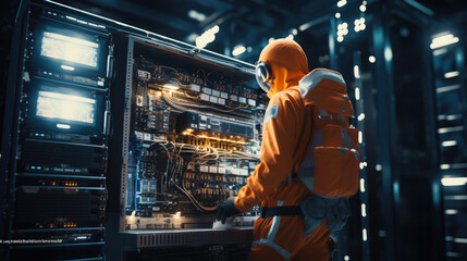 Aufkleber - An astronaut doing a data center server rack maintenance, Floating in space.