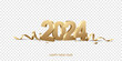 Happy New Year 2024. Golden 3D numbers with ribbons and confetti, isolated on transparent background.

