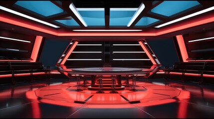 Aufkleber - Futuristic TV game show studio design with an interview table on stage.