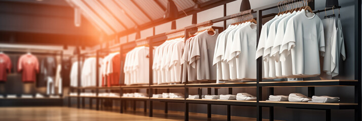 Poster - T-shirts and hoodies shirts hanging on a coat hangers on a clothing rack for sale in clothing store.