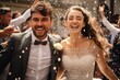 Guests Throwing Confetti On Couple During Garden Wedding, Happy wedding of bride and groom at wedding ceremony.