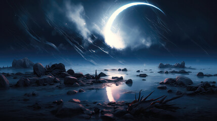 Wall Mural - Fantasy landscape with planet, moon and stars