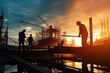 © visoot - Silhouette of construction worker team working at commercial concreting floors of building in construction site.