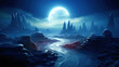 Mountain landscape on a fantasy planet, with bright moon in the sky