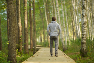 young adult man walking on wooden trail at birch tree forest in beautiful autumn day. spending time 