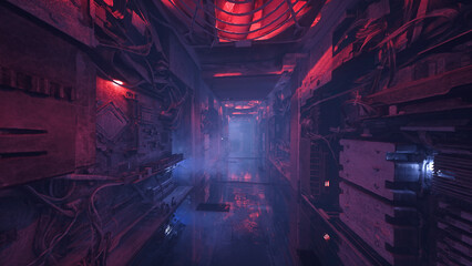 Poster - Dark moody cyberpunk sci-fi tunnel in an alien space ship or station. 3D illustration.