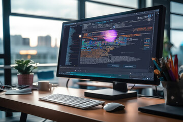 Aufkleber - Modern office desk with computer monitor and Software development programming for modish application and program coding.