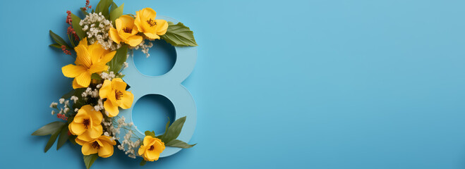 Wall Mural - number 8 shape layout with yellow flowers bouquet on blue background. copy space. top view. concept of international women's day. March 8