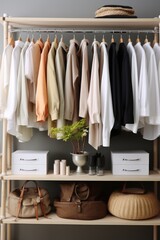 Wall Mural - Clothing on rack, Rack with different stylish clothes, shelving unit, Wardrobe.