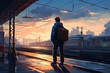 a lonely teenage boy stands on the platform in the evening and plans to escape from home