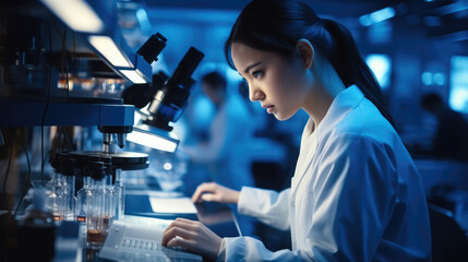 Aufkleber - A beautiful Chinese woman working in large modern laboratory with advanced equipment.
