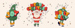 Christmas groovy mascot characters Santa Claus, Noel tree and Ball with Holiday letters and garland.