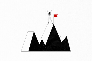 Poster - Photo cartoon comics sketch collage picture of carefree lady rising mountain peak achieving success isolated white color background