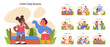 Child's daily routine set. Kids experiencing daily moments from waking up to bedtime. Breakfast, school, playtime, and social interactions. Learning self-discipline. Flat vector illustration