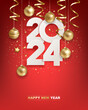 Happy new year 2024. White paper numbers with golden Christmas decoration and confetti on  red background. Holiday greeting card design.