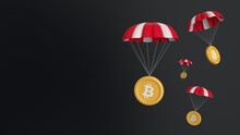 Btc, Bitcoin, Airdrop Coins Falling For A Cryptocurrency Concept, Many Coins Going Parachute Chute Down Falling Bounty. White Background. Symbol And Ticker Icons. 4k 3D Rendering