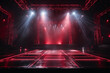 Rock concert stage light background with spotlight illuminated the stage for night music festival. Performance event stage. Empty stage with dramatic red colors. Entertainment show.