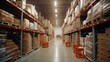 a warehouse with rows of shelves filled with stacks of boxes. A forklift is visible in the aisle, indicating ongoing logistics operations.