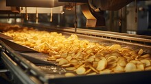 Conveyor Belt In A Factory Where Potato Chips Are Being Processed. The Chips Appear To Be Freshly Fried And Are Moving Through The Production Line.